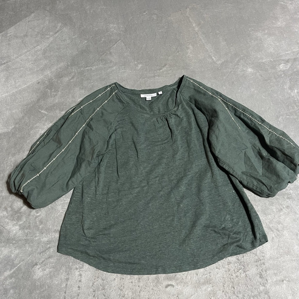 Chicos Top Womens Medium Green Linen Puff Sleeve Coastal Minimal Cottage Boho